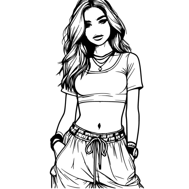 realistic girl in crop top and baggy pants