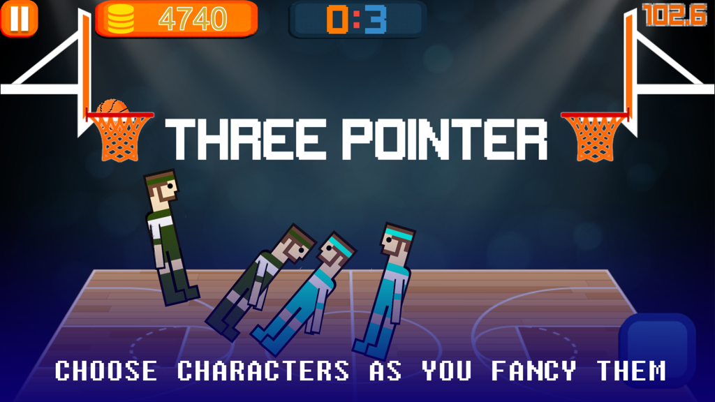 BasketBall Physics-Real Bouncy Soccer Fighter Game - A pixel art basketball game screen showing characters on a court with text that says three pointer