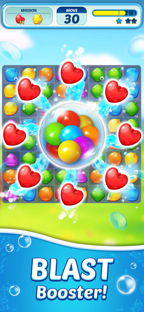 Water Splash – Cool Match 3 - Water Splash Match 3 game screen featuring a blast booster effect with colorful balloons and water splashes.