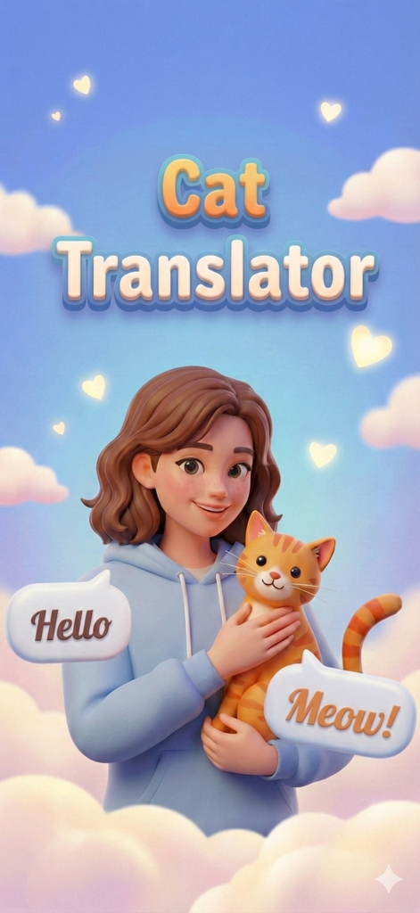 Cat Translator & Talk: Meowly - Ilustración de dibujos animados de una mujer joven sosteniendo un gato naranja con burbujas de diálogo para la traducción