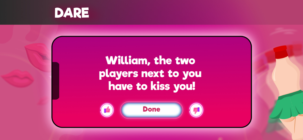 Spin the Bottle! play ’n kiss - A kissing dare challenge on the Spin the Bottle mobile app interface.