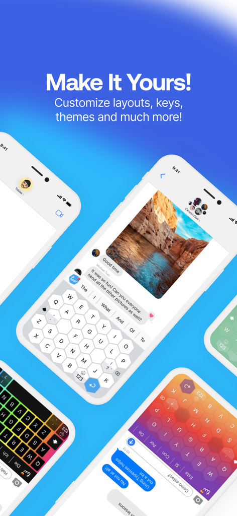Typewise Custom Keyboard - Typewise app showcasing customizable hexagon layouts and colorful keyboard themes