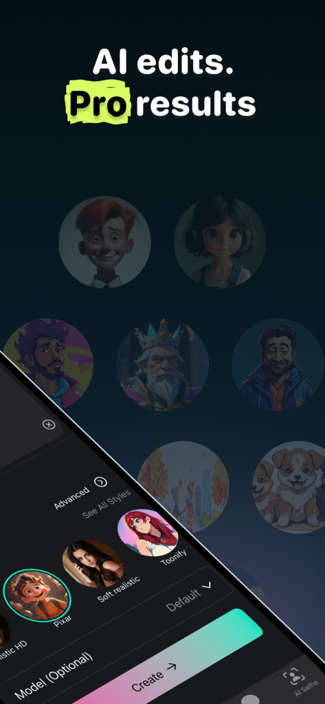 Interface d'une application de génération d'art IA montrant différents styles de portraits et avatars de personnages