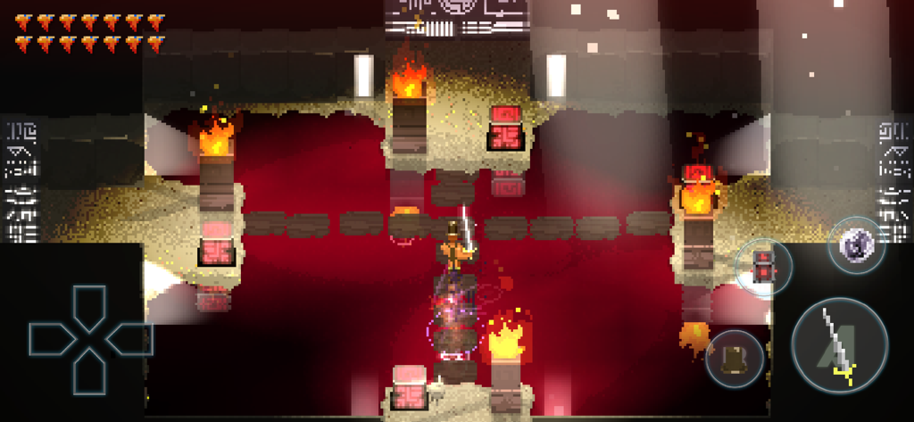 A top-down view of a pixel art character exploring a lava filled dungeon in Songbringer