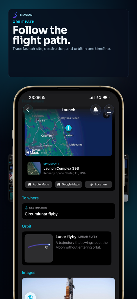 Spacian: Rocket Launch Tracker - Una interfaz de aplicación móvil que muestra un mapa de lanzamiento de cohetes y la trayectoria orbital de la misión.