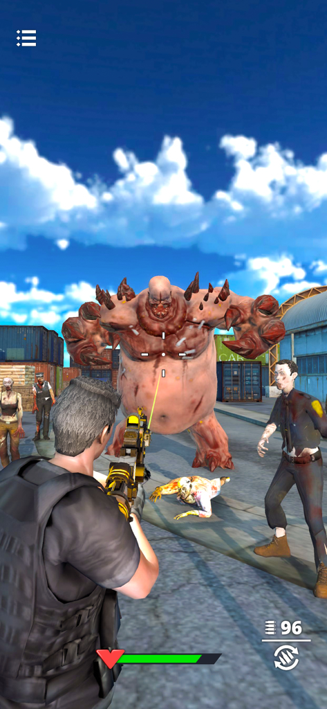 Last Survivor - Zombie Shooter - Third-person gameplay of a player aiming a laser-sighted weapon at a giant mutated zombie boss in Last Survivor