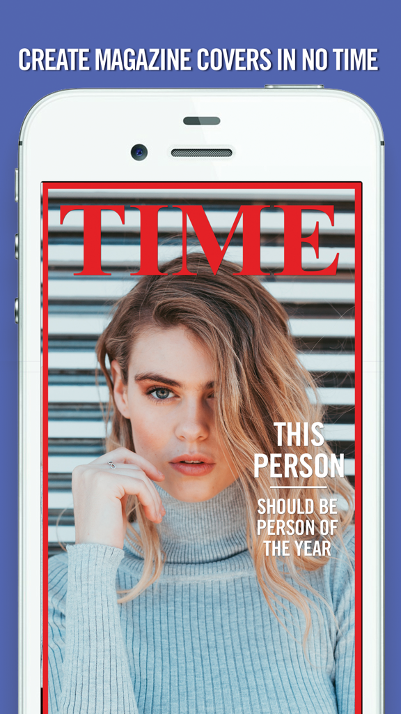 iPhone screen showing a custom Time magazine cover with a portrait photo and personalized text