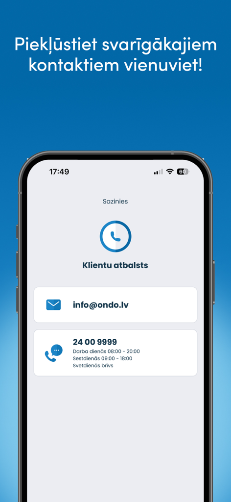 Ondo.lv mobile app customer support screen showing email and phone contact information