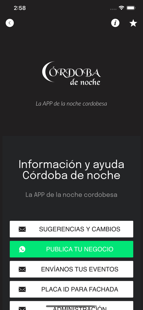 Córdoba de Noche - Information and help screen of Cordoba de Noche app showing contact and business options.