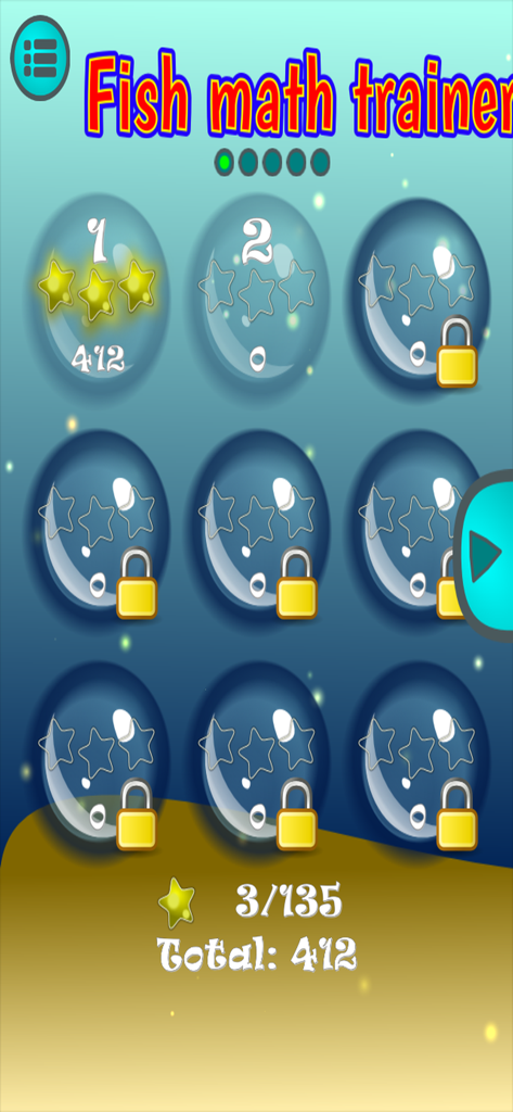 Fish Math Trainer - Level selection menu in the Fish Math Trainer app showing unlocked levels with stars and locked levels.