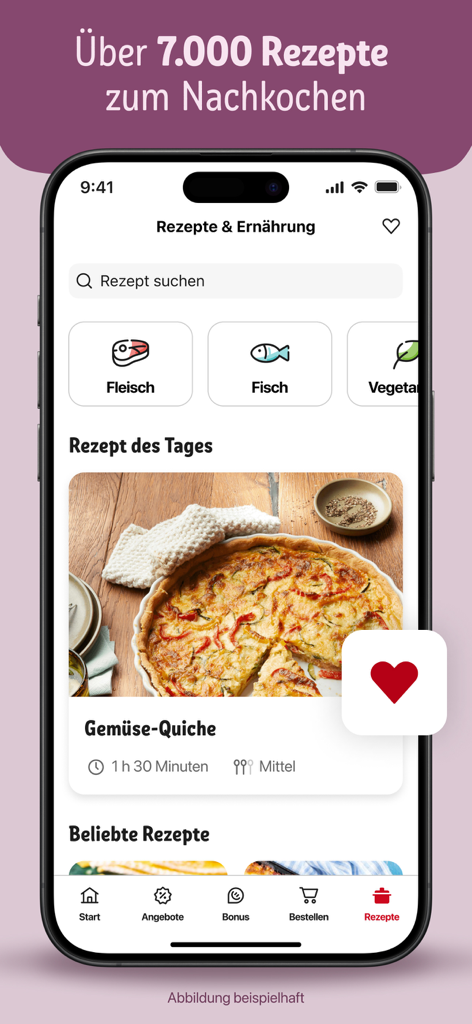 Mobile app interface of REWE Supermarkt showing the recipes and nutrition page with a vegetable quiche feature