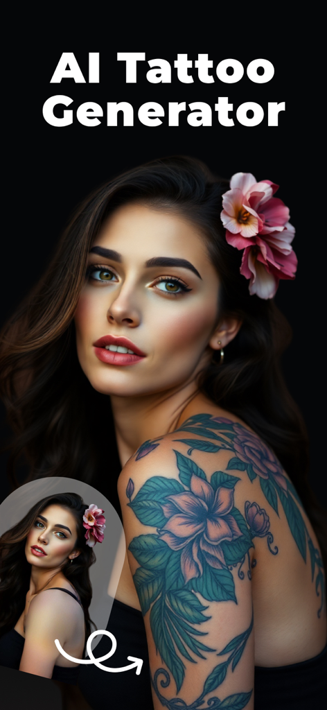 AI Tattoo Generator - TattooAI - 女性がAIタトゥーメーカーアプリを使って、肩に大きな花のタトゥーを視覚化している