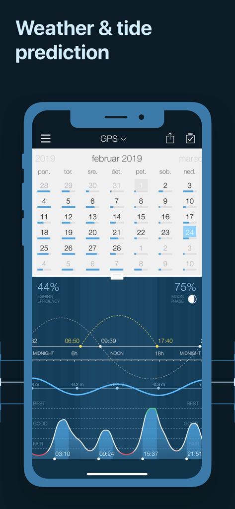 Mobile app screen displaying a calendar and graphs for weather, tide, and fishing efficiency.