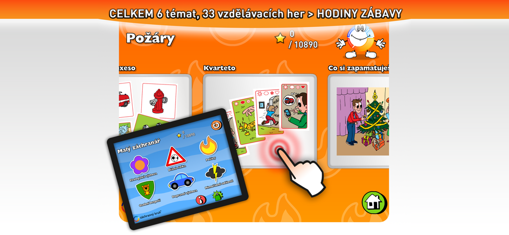 Malý záchranář - Pantalla del menú de la aplicación Malý záchranář que muestra juegos educativos de seguridad contra incendios para niños