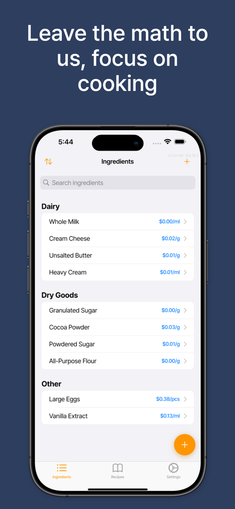 KitchenCost: Recipe Costing - Mobile app screen showing a categorized list of ingredients with their unit prices for recipe costing.