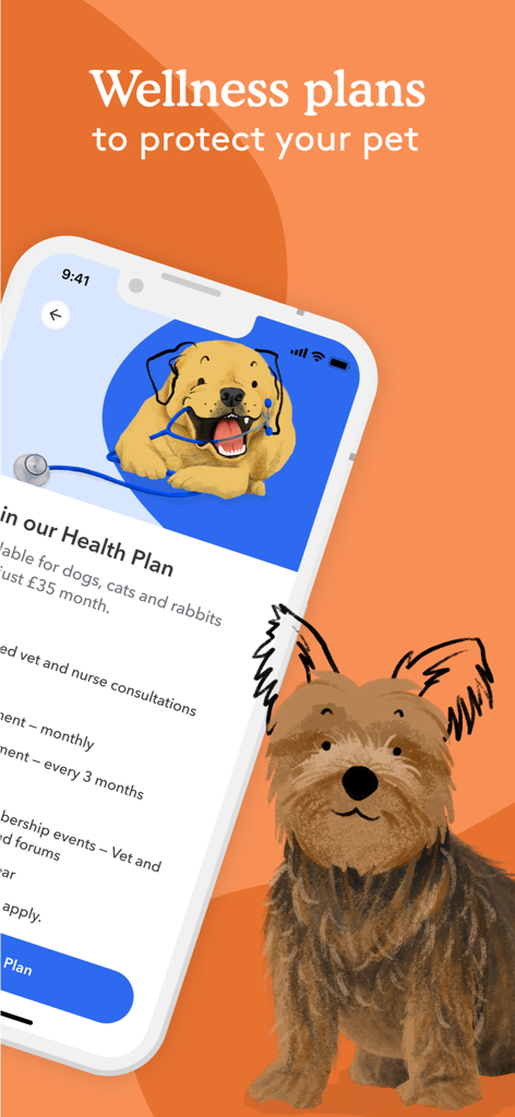 PetsApp - Mobile screen for PetsApp showing wellness plans to protect pets with illustrations of dogs and vet care details
