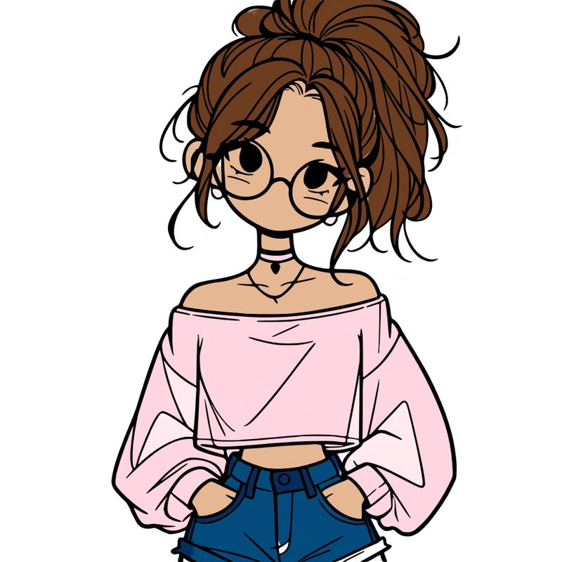 girl with a messy ponytail glasses a baggy crop top and jean shorts