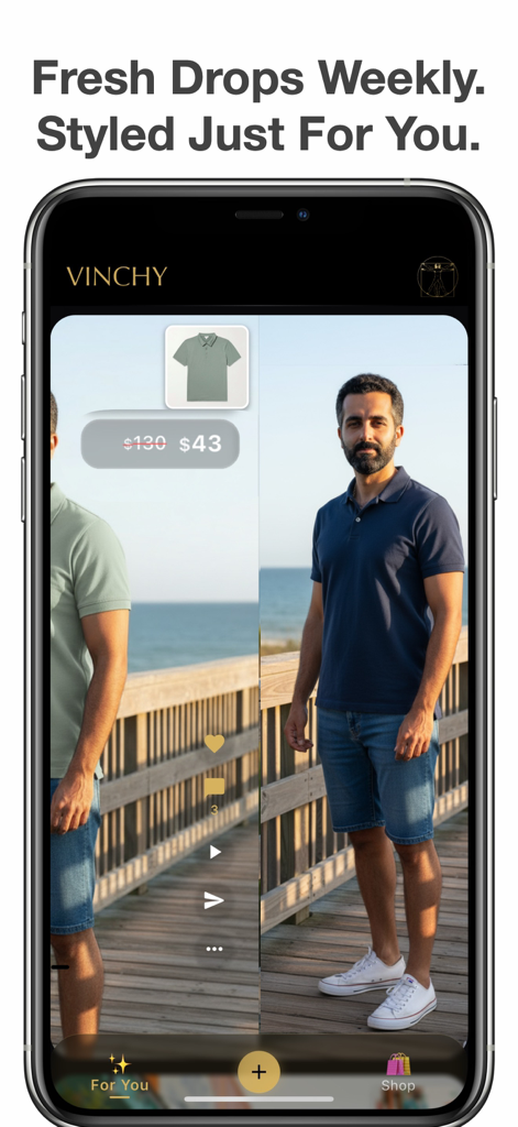 Outfit Generator - Vinchy - Vinchy app interface showing a personalized men's outfit recommendation with a discounted price tag.