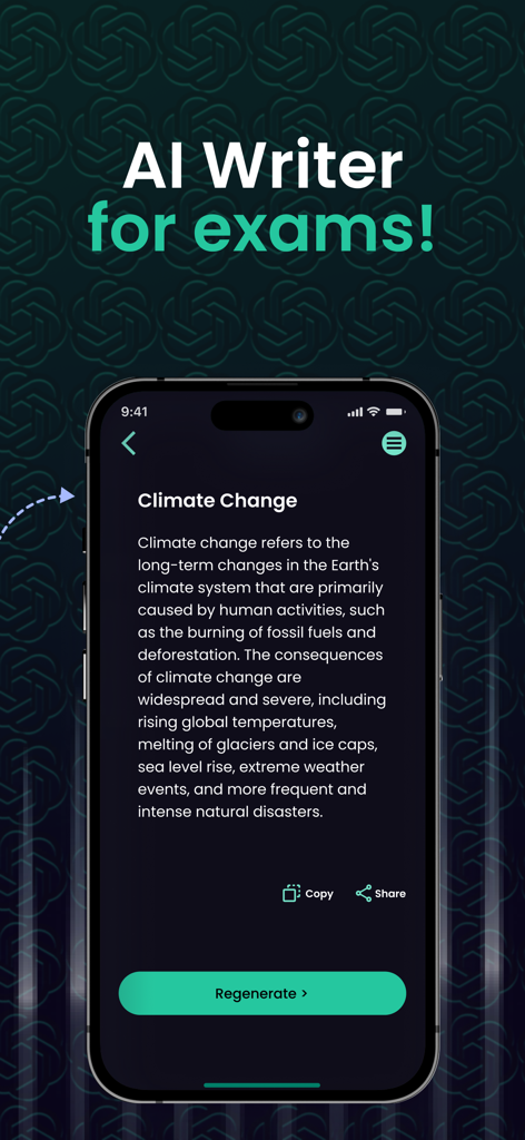Gem AI: Ask Chat Bot Assistant - Gem AI mobile app interface showing an AI-generated essay about climate change for student exam support