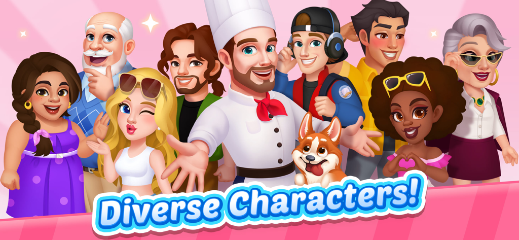a group of diverse cartoon characters and a chef from cooking diner game