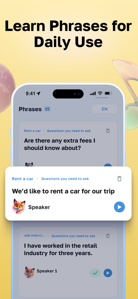 Lisn Learn Speak English Audio - English learning app screen showing common phrases for renting a car and job interviews