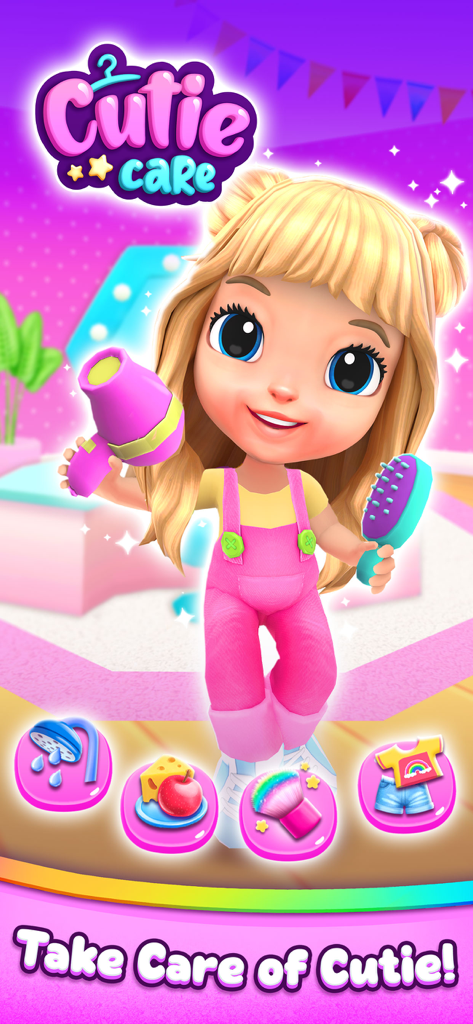 Gameplay screenshot of Cutie Care Sweet Nanny showing the character Sara with a hairdryer and care activity icons
