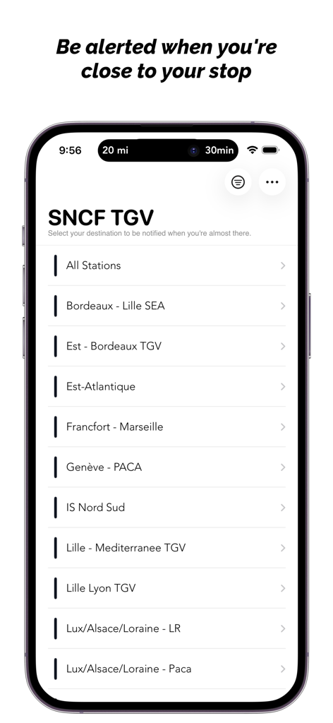 SNCF TGV Destinations - iPhone screen showing a list of French TGV train routes to select for station alerts