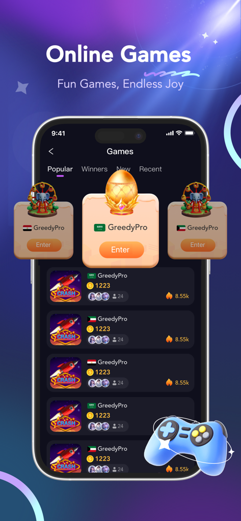 Nahki-Group Voice Chat & Party - Pantalla de la aplicación móvil Nahki que muestra juegos en línea populares y clasificaciones de salas regionales