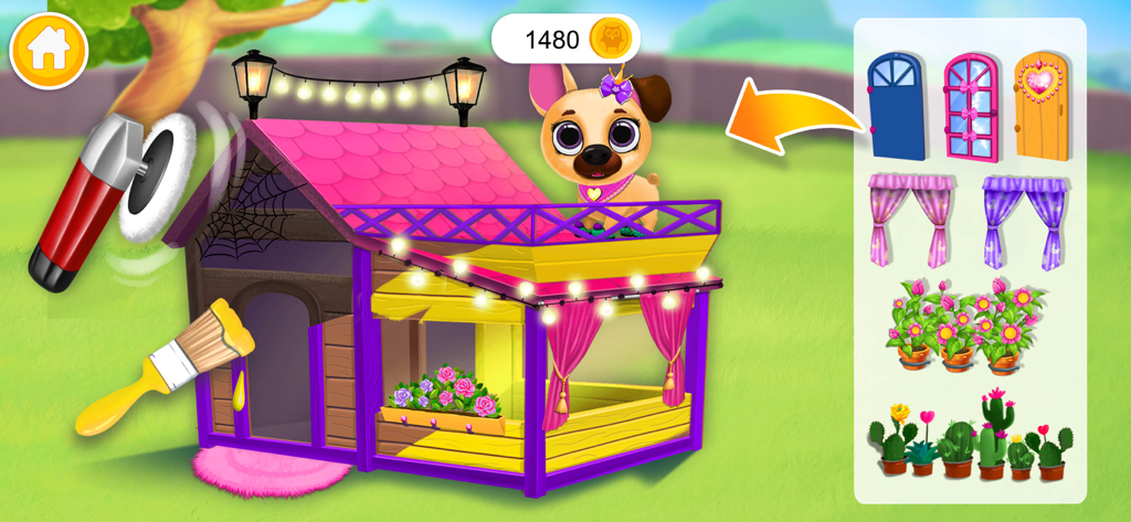 Cena de decoração de casa de animal de estimação virtual com a cadela Fifi e ferramentas de personalização