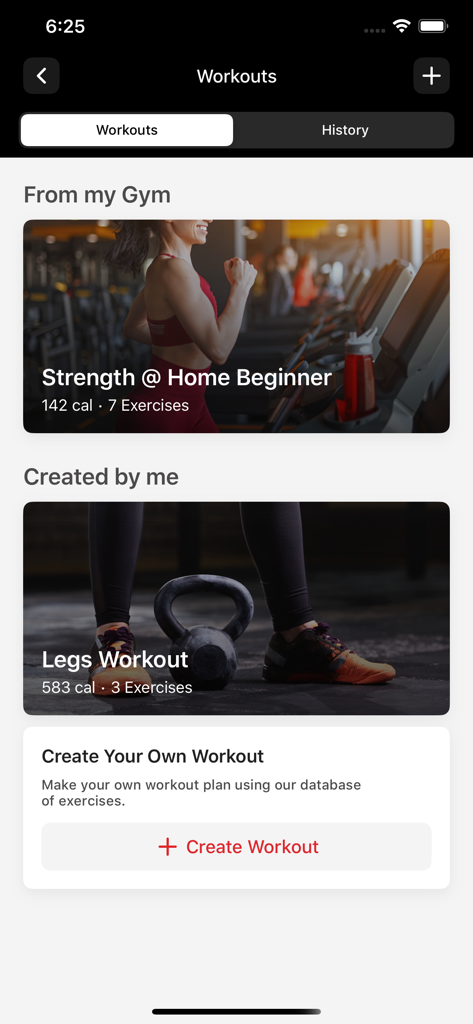 Matrix Community 360 - Basic - Matrix Community 360 app interface showing various workout plans and a create workout option.