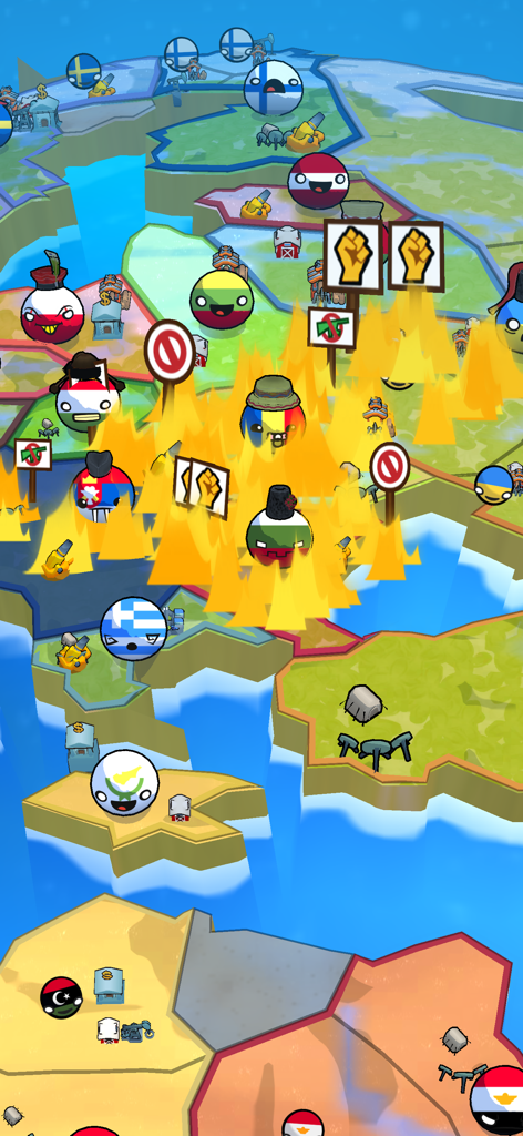 Gameplay screenshot of Country Balls State Takeover featuring countryball characters and civil unrest icons on a world map