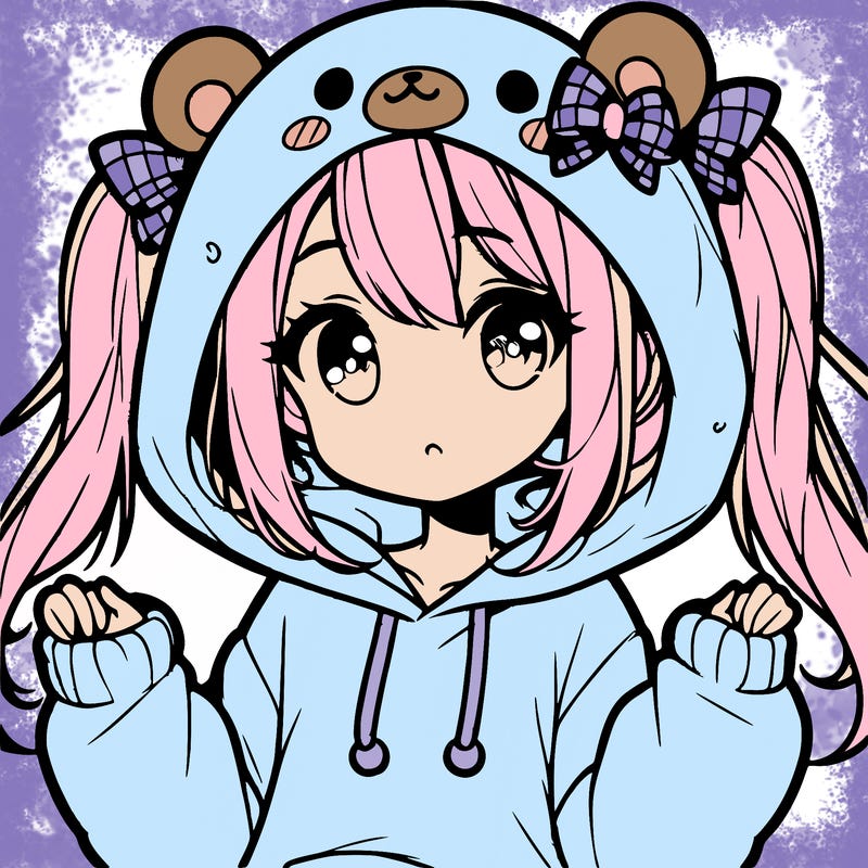 cute anime girl with ponytails and a cute bear hoodie