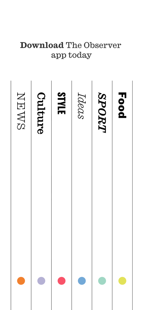 Screenshot of The Observer app showing vertical sections for News Culture Style Ideas Sport and Food