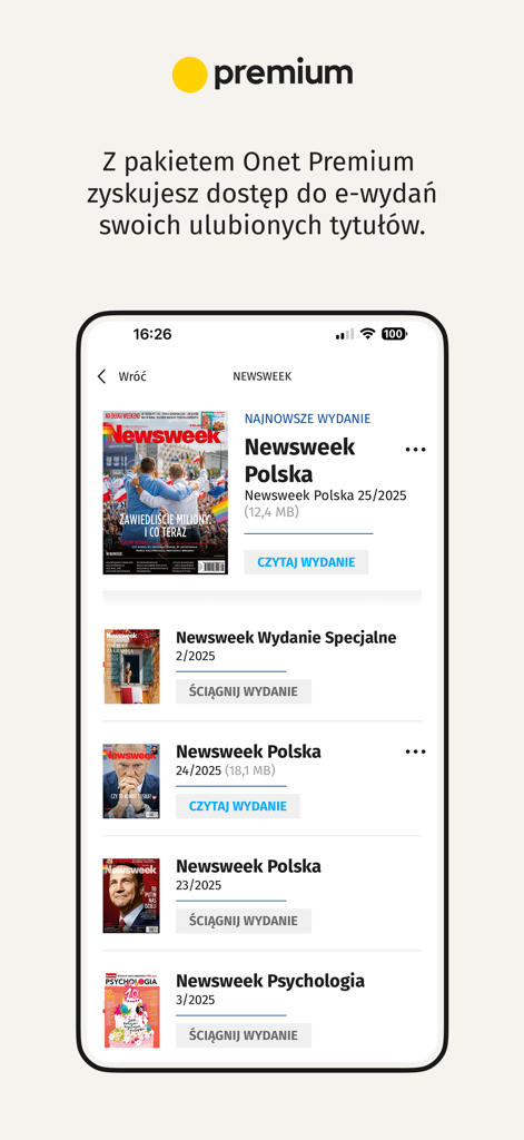 Onet - wiadomości - Onet Premium mobile app interface showing a list of Newsweek Polska digital magazine editions