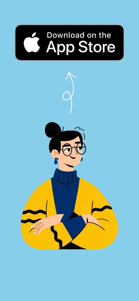 Brickart - Ilustração de uma mulher olhando para o botão de download da App Store.