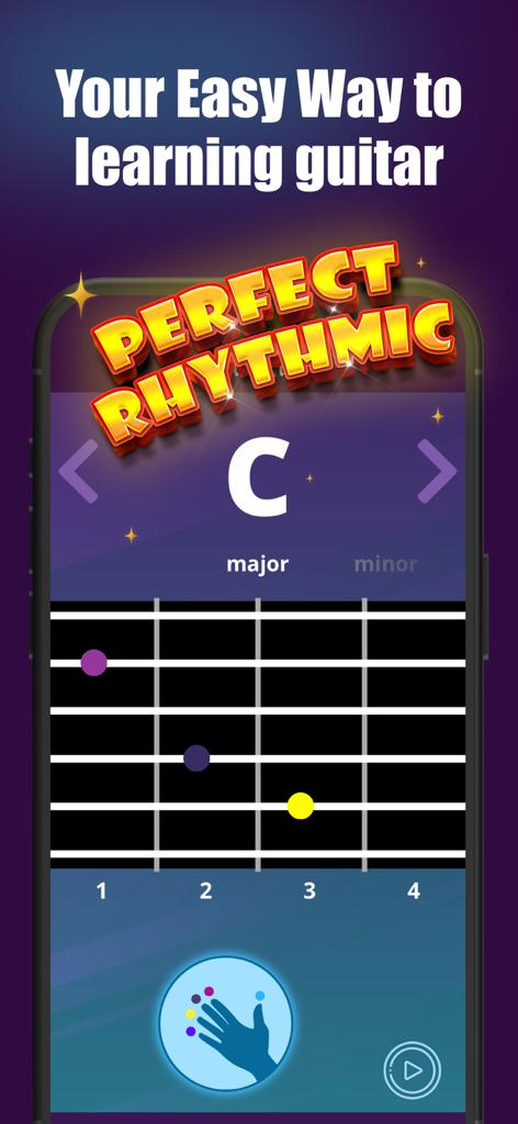 A guitar chord learning interface showing finger positions for a C major chord on a virtual fretboard.