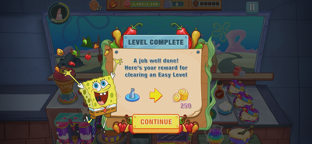 SpongeBob: Get Cooking - SpongeBob cheering on a level complete screen with a coin reward in the Get Cooking mobile game.