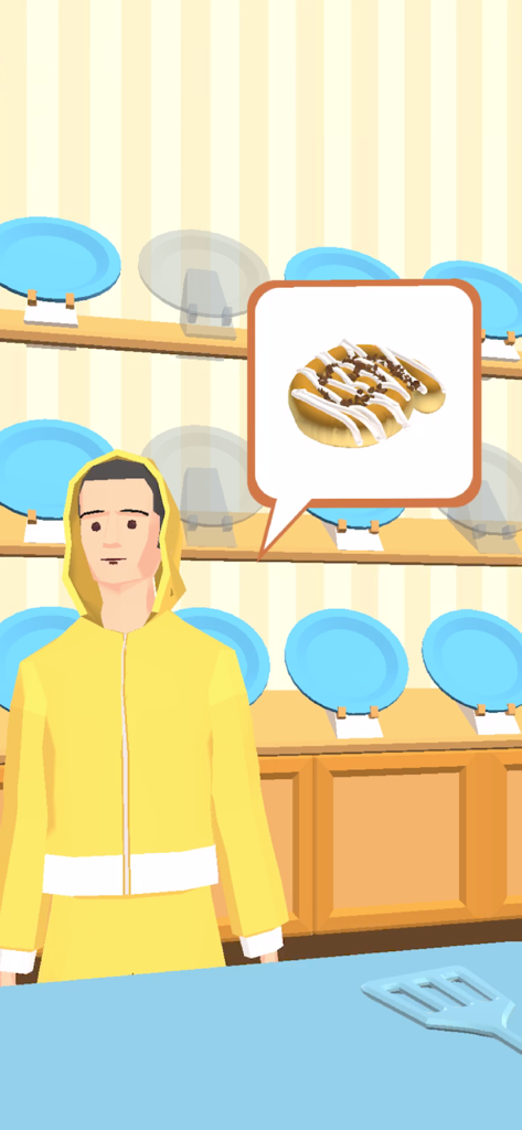 Bake it - Un client portant un sweat à capuche jaune demandant une pâtisserie glacée dans l'interface du jeu Bake it