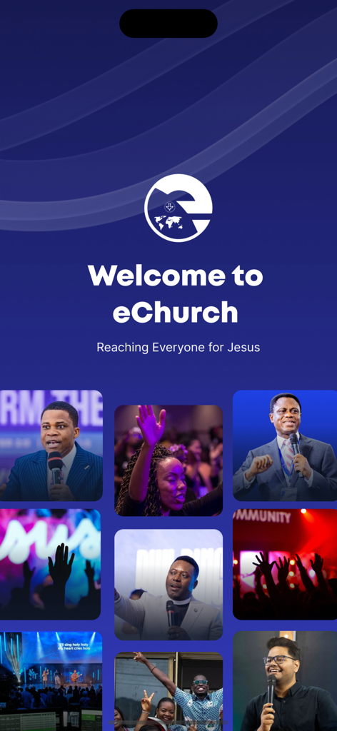 Welcome screen of The COP eChurch mobile app showing church leaders and worshipers