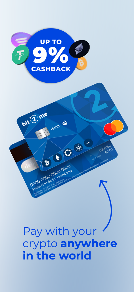 Carta di debito Bit2Me che mostra fino al 9% di cashback sui pagamenti in criptovalute in tutto il mondo