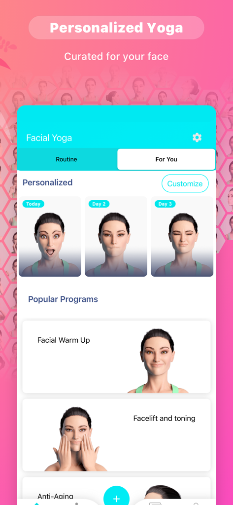 Interface of the Face Exercise Facial Yoga Pro app showing personalized daily facial workout routines