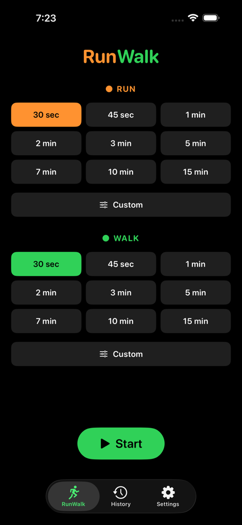 WalkRun app interface showing a grid of time intervals for selecting run and walk durations with a large start button.