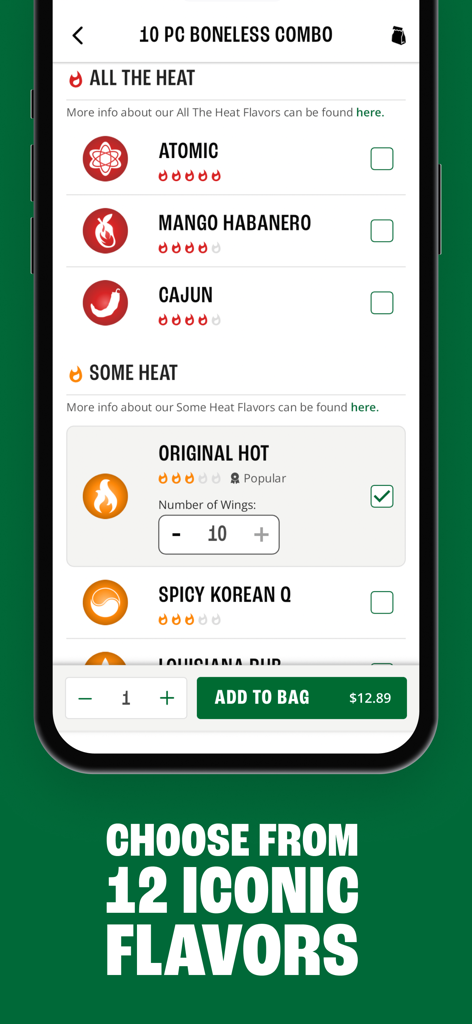 Wingstop mobile app screen showing different chicken wing flavor selections and heat levels.