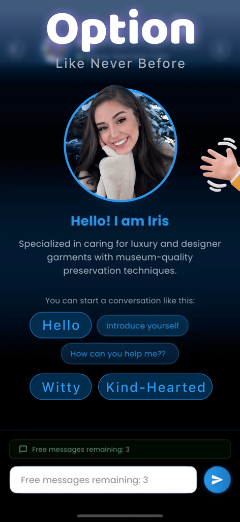Interfaz de chat de la aplicación WaGoo con el asistente de IA Iris para cuidado de prendas de lujo e instrucciones de lavandería
