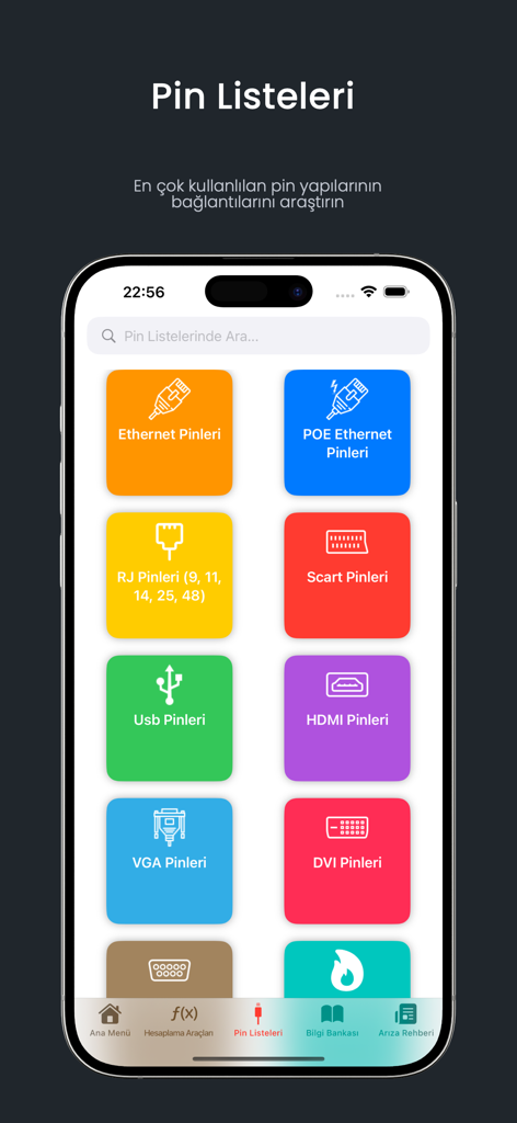 Elektro Portalアプリの画面。さまざまな電気コネクタのピンアウトカテゴリが表示されています
