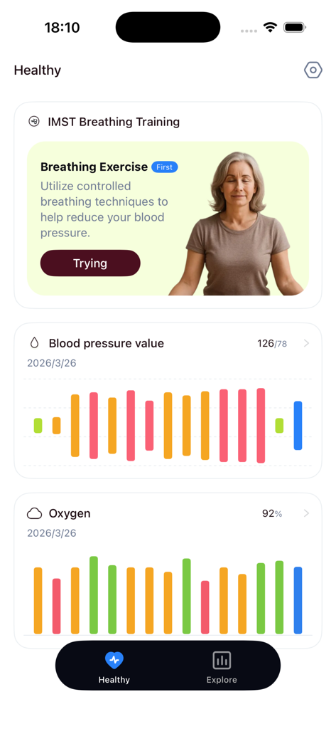 BP Scan - Health monitor - A health monitor app dashboard displaying blood pressure and oxygen statistics alongside breathing exercise recommendations