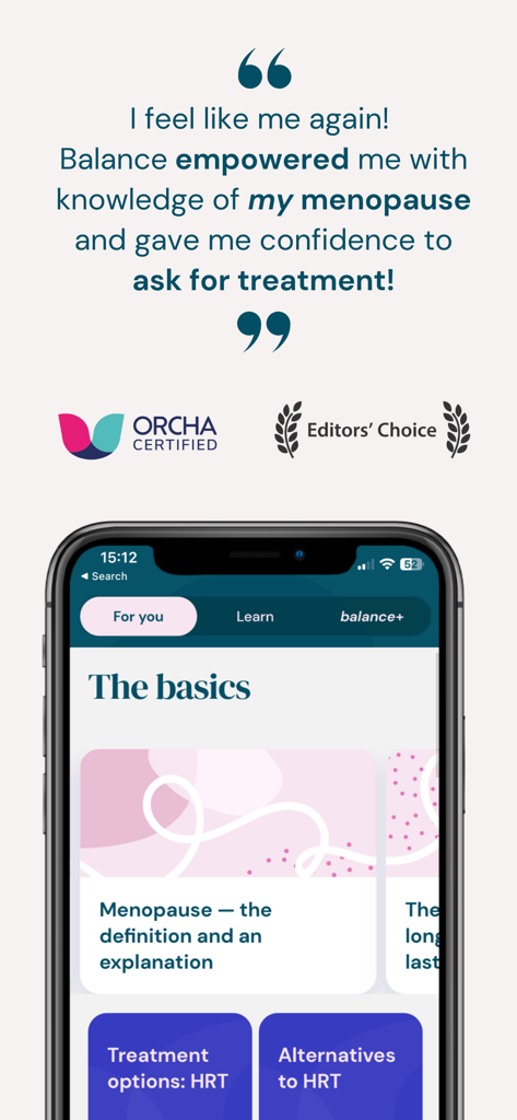 Balance app interface showing menopause basics and HRT treatment options with award certification logos