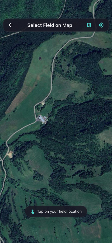 FarmCast - Farm Weather - Satellite map view in the FarmCast app for selecting a specific field location