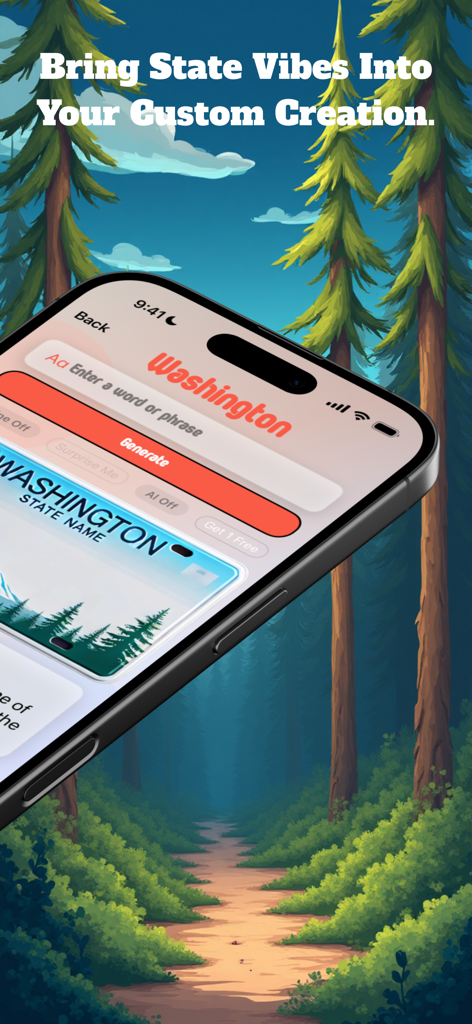 Plate Picasso! - Una pantalla de smartphone mostrando la interfaz de la aplicación Plate Picasso con un fondo temático del estado de Washington y una vista previa de matrícula personalizada.
