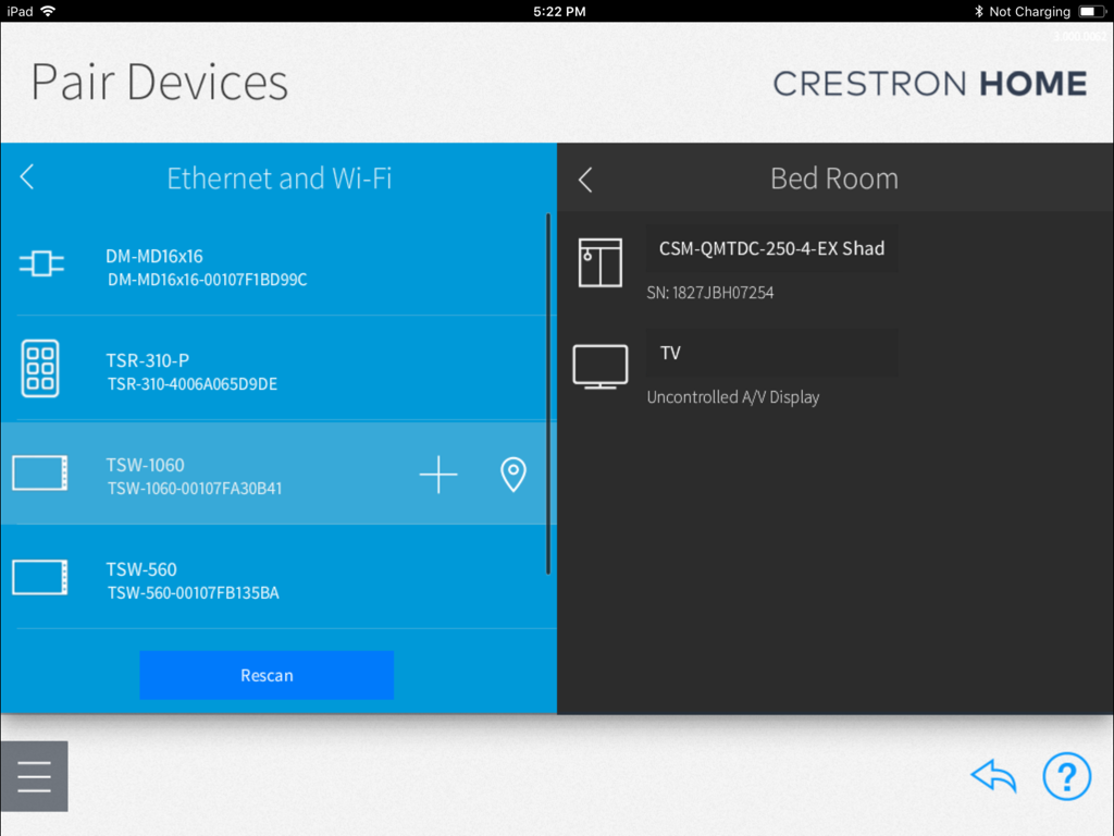 Crestron Home Setup - Crestron Home Setup app interface on iPad showing the pair devices screen for smart home configuration.